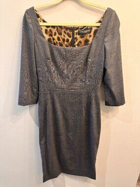 *NEVER WORN* Dolce & Gabbana Plaid Sheath Dress Leopard Print Lining Grey S42